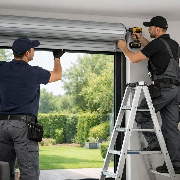 Dos técnicos instalando una persiana enrollable de aluminio en una ventana de vivienda