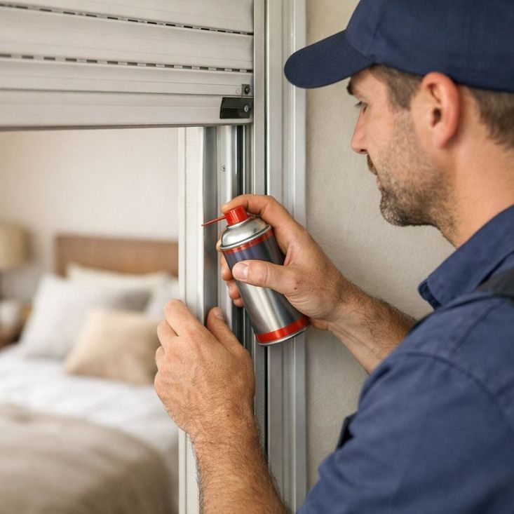 Persianista lubricando las guías laterales de una persiana de aluminio en una vivienda