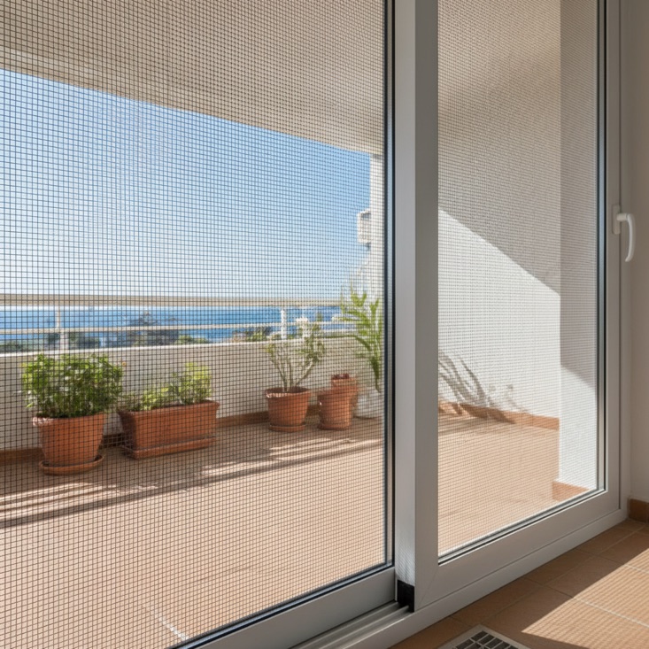 Mosquitera corredera de fibra de vidrio sobre una balconera de aluminio que da a una terraza en Sant Cugat