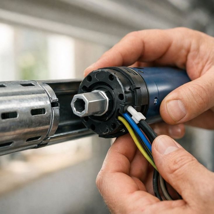 Motor tubular para persiana enrollable con cables de conexión eléctrica visibles durante la instalación