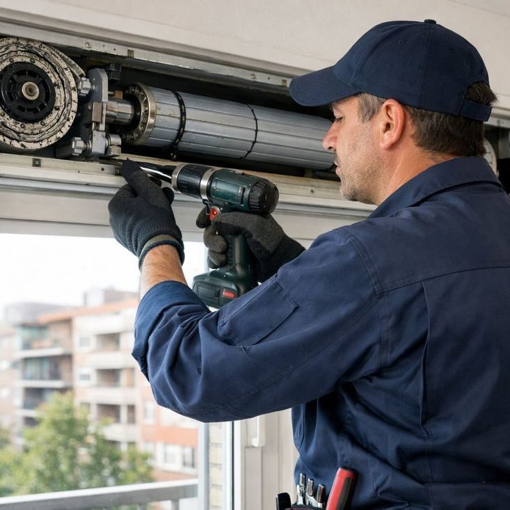 Técnico de Persianas Sant Cugat reparando el mecanismo interior de una persiana enrollable